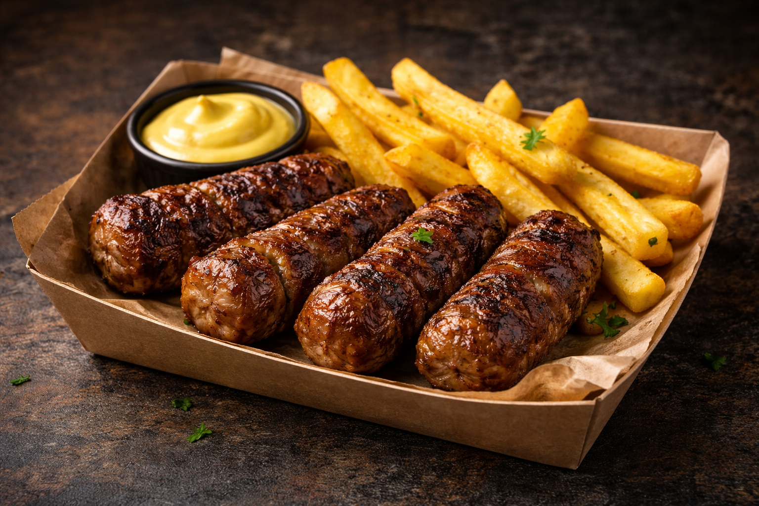 Meniu 4 mici cu cartofi, pâine și muștar